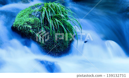 A clear stream flowing over moss-covered rocks: a soothing scene captured with long exposure. A clear stream flowing over moss-covered rocks: a soothing scene captured with long exposure. 139132731