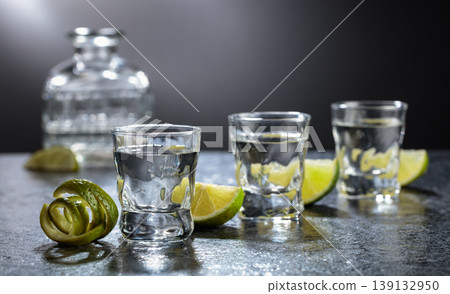 Vodka with lime slices on a black stone table. Vodka with lime slices on a black stone table. 139132950