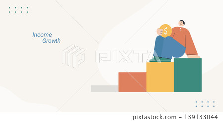 Flat design illustration of a character sitting on top of a growing bar chart while holding a gold dollar coin, symbolizing income growth and financial success, ideal for business and investment conte 139133044