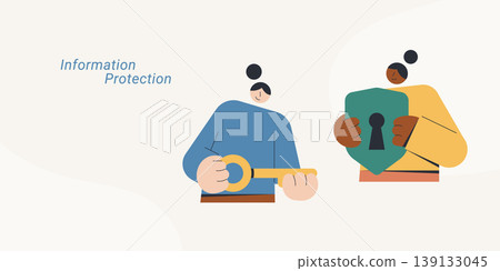 Flat design illustration of two characters holding a golden key and a teal security shield with keyhole, symbolizing information protection and data security, ideal for cybersecurity and privacy conte Flat design illustration of two characters holding a golden key and a teal security shield with keyhole, symbolizing information protection and data security, ideal for cybersecurity and privacy conte 139133045