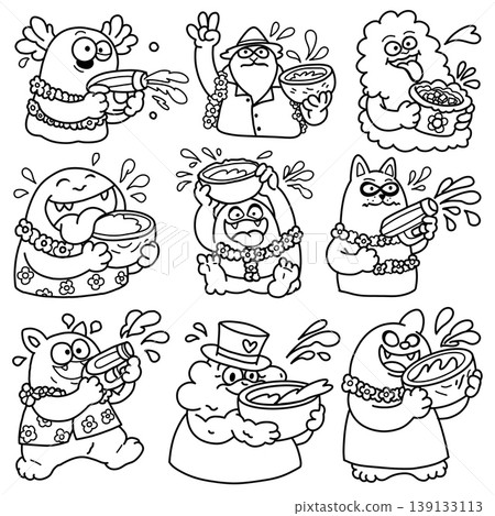 Cartoon doodle water festival character happy celebration splash flower necklace 139133113