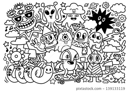 Doodle cartoon monster alien cloud flower snail skateboard diamond music fun happy creative 139133119