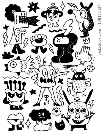 Cartoon doodle monster character comic abstract black and white playful creative art 139133124