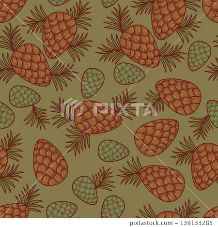 Forest Seamless Pattern With Pine Cones and Branches. Green Baby Cones And Brown Pine Cones On Olive Background. Vector Illustration Forest Seamless Pattern With Pine Cones and Branches. Green Baby Cones And Brown Pine Cones On Olive Background. Vector Illustration 139133285