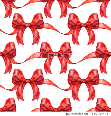 Hand drawn watercolor seamless pattern of elegant red silk bows. This festive holiday design features rich crimson knots with realistic textile folds and soft shadows in a repeating layout, perfect Hand drawn watercolor seamless pattern of elegant red silk bows. This festive holiday design features rich crimson knots with realistic textile folds and soft shadows in a repeating layout, perfect 139133561