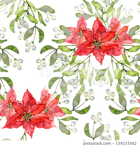 Hand drawn watercolor seamless pattern of festive holiday bouquets. This elegant red poinsettias Christmas stars nestled among delicate mistletoe branches with white berries. Christmas gift wrap Hand drawn watercolor seamless pattern of festive holiday bouquets. This elegant red poinsettias Christmas stars nestled among delicate mistletoe branches with white berries. Christmas gift wrap 139133562