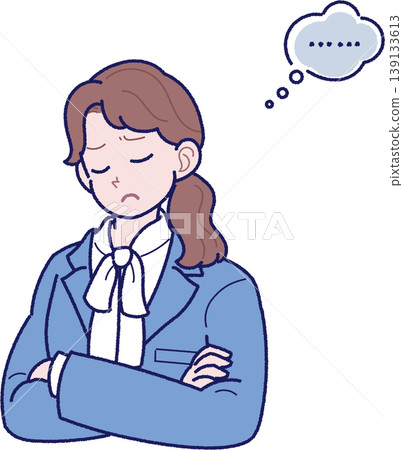 An illustration of a young woman in a suit with her arms crossed, deep in thought. An illustration of a young woman in a suit with her arms crossed, deep in thought. 139133613