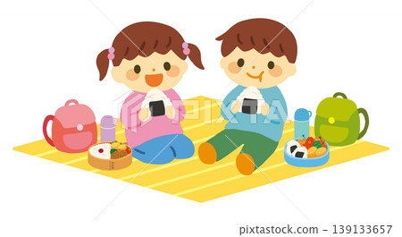 Vector illustration of children eating their lunches on a school trip. 139133657