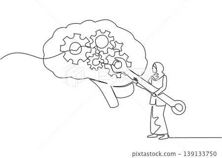 Single line drawing of beauty woman in hijab fixes internal brain gears, suitable for business treatment concept. Psychological poster or diverse medical health clinic brochure about mental wellbeing Single line drawing of beauty woman in hijab fixes internal brain gears, suitable for business treatment concept. Psychological poster or diverse medical health clinic brochure about mental wellbeing 139133750