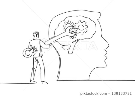 One line drawing of handsome young businessman in suit repairs brain gears at human head, representing business concept for professional corporate presentations or medical office healthcare wall art One line drawing of handsome young businessman in suit repairs brain gears at human head, representing business concept for professional corporate presentations or medical office healthcare wall art 139133751