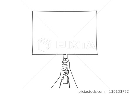 One line drawing of hands raising blank signboard on stick, symbolizing an auction board concept. Great for bidding paddles, voting signs, traffic control visuals, and event direction guide posters 139133752