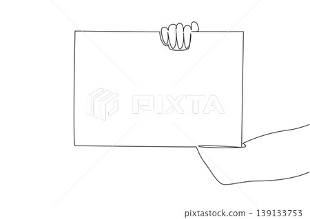 Single line drawing of muscular hand holding rectangular paper card, featuring hospitality welcoming concept. Perfect for name tags, waiter signs, welcome boards, table numbers, and greeting messages 139133753