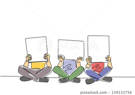 Continuous line drawing of kids storybook cover concept features human boys sitting with blank signs for children. Art depicts young friends sharing information and learning tasks together at school Continuous line drawing of kids storybook cover concept features human boys sitting with blank signs for children. Art depicts young friends sharing information and learning tasks together at school 139133756