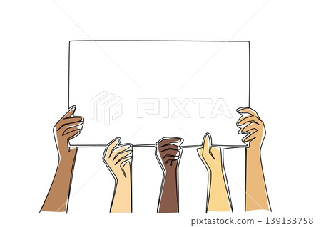 Single line drawing of diverse hand holding large blank banner, representing business people teamwork concept. Great for business collaboration, community diversity project, and inclusive event flyer 139133758