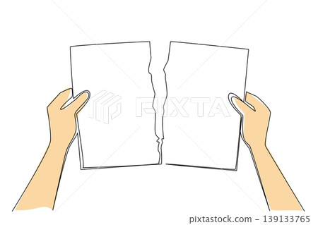 Continuous line drawing of hands ripping document paper, symbolizing business restart concept. Suitable for bad habit breaking guide, fresh start post, protest flyer, confidential data shredding ad Continuous line drawing of hands ripping document paper, symbolizing business restart concept. Suitable for bad habit breaking guide, fresh start post, protest flyer, confidential data shredding ad 139133765