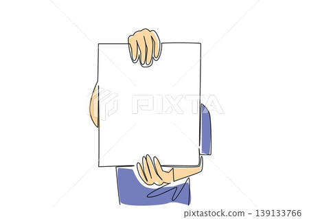 Single line drawing of young person holding board vertically, depicting an education info concept. Perfect for school announcements, student projects, exam results, and classroom activity guides Single line drawing of young person holding board vertically, depicting an education info concept. Perfect for school announcements, student projects, exam results, and classroom activity guides 139133766