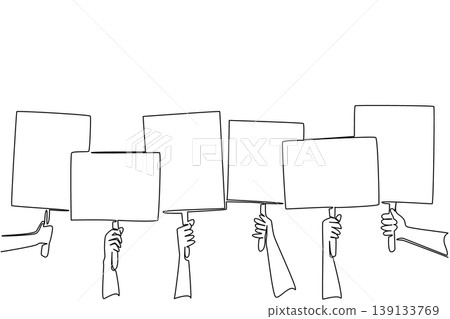 Continuous line drawing of social concept show human hands raising rectangle blank protest signs for news article. Artwork for community activism to convey their aspirations and public speech project 139133769