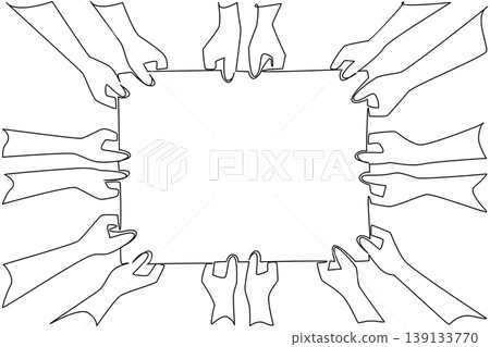 One line drawing of employee teamwork concept show many human hands grasping rectangular blank board provide copy space for business presentation. Graphic represents unity and collective company goals 139133770