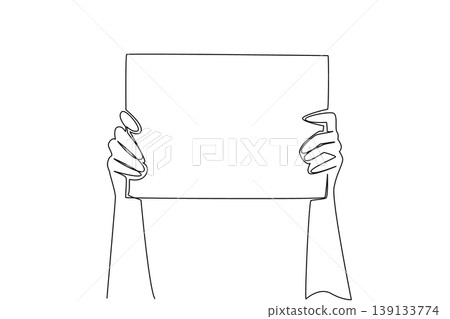 Continuous line drawing of two hands holding blank board, depicting clear announcement concept. Suitable for business presentations, sale notices, marketing layouts, and custom messages 139133774