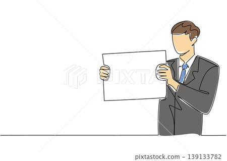 Continuous line drawing of handsome male manager displaying blank board sideway, showing business choice concept. Suitable for comparison slide, pros and cons, recommended item, and decision guide Continuous line drawing of handsome male manager displaying blank board sideway, showing business choice concept. Suitable for comparison slide, pros and cons, recommended item, and decision guide 139133782