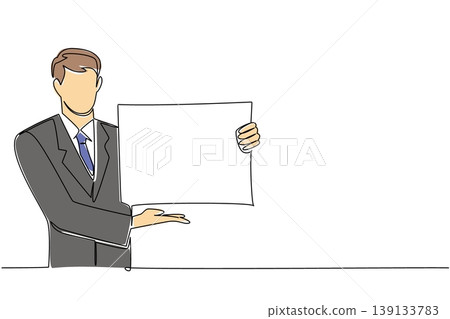 Single line drawing of handsome businessman holding blank large card in welcoming pose, showing hospitality concept. Great for hotel greeting, staff onboarding, customer service ads, and help tips Single line drawing of handsome businessman holding blank large card in welcoming pose, showing hospitality concept. Great for hotel greeting, staff onboarding, customer service ads, and help tips 139133783