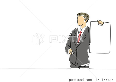 Continuous line drawing of young businessman in suit displaying large side board, featuring business demo concept. Perfect for product showcase, workshop rule, seminar topic, and lecturer visual aid Continuous line drawing of young businessman in suit displaying large side board, featuring business demo concept. Perfect for product showcase, workshop rule, seminar topic, and lecturer visual aid 139133787