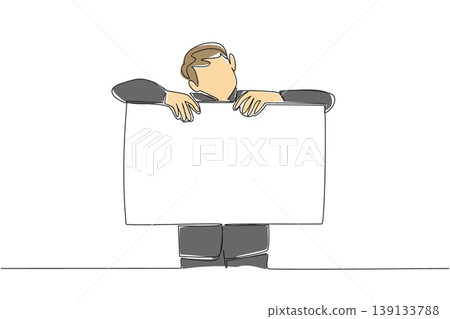 Single line drawing of young businessman in suit resting his arms on paper blank board, depicting info concept. Ideal for about us page, contact detail, team introduction, and customer care banner Single line drawing of young businessman in suit resting his arms on paper blank board, depicting info concept. Ideal for about us page, contact detail, team introduction, and customer care banner 139133788