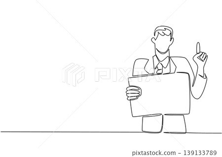 Single line drawing of young businessman holding paper board and pointing up, showing business concept. Perfect for idea generation, solution finding, warning notice, and motivational quote poster Single line drawing of young businessman holding paper board and pointing up, showing business concept. Perfect for idea generation, solution finding, warning notice, and motivational quote poster 139133789