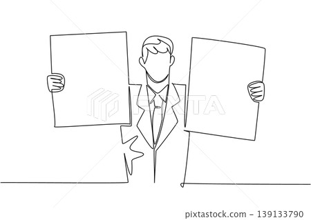 Continuous line draw of young attractive businessman in suit holding two blank board, depicting choice concept. Ideal for comparison chart, pros and cons list, voting option, or decision making visual Continuous line draw of young attractive businessman in suit holding two blank board, depicting choice concept. Ideal for comparison chart, pros and cons list, voting option, or decision making visual 139133790