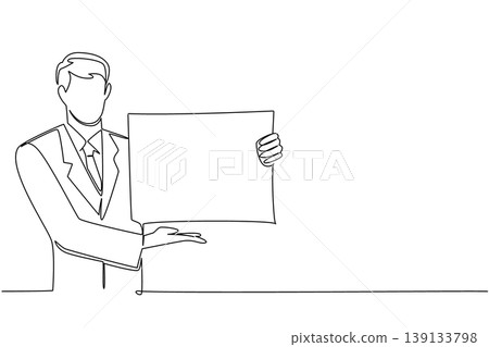 One line drawing of young male manager offering blank paper board with both hands, depicting business proposal concept. Perfect for business offer, service menu, welcome sign, and invitation template One line drawing of young male manager offering blank paper board with both hands, depicting business proposal concept. Perfect for business offer, service menu, welcome sign, and invitation template 139133798
