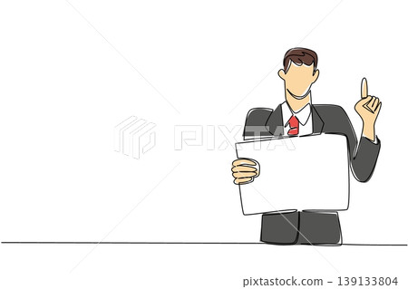 Continuous line drawing of businessman in suit holding sign and pointing upwards, depicting success concept. Great for financial growth chart, goal setting visual, ambition theme, and rising trend Continuous line drawing of businessman in suit holding sign and pointing upwards, depicting success concept. Great for financial growth chart, goal setting visual, ambition theme, and rising trend 139133804
