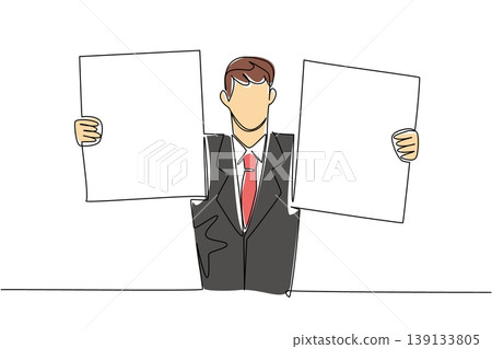 Single line drawing of businessman in suit holding two signs, illustrating business comparison concept. Suitable for AB testing result, product versus guide, debate topic, and strategy alternative Single line drawing of businessman in suit holding two signs, illustrating business comparison concept. Suitable for AB testing result, product versus guide, debate topic, and strategy alternative 139133805