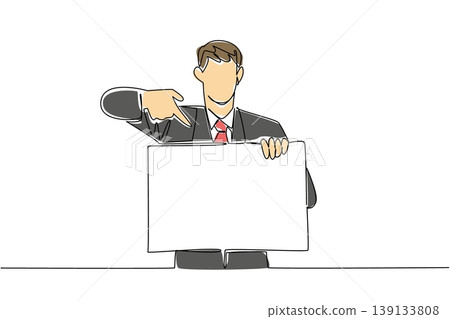 One line drawing of businessman in suit holding signboard and pointing downward, featuring specific goal concept. Great for fine print notice, term condition, contact info, and disclaimer text layout 139133808