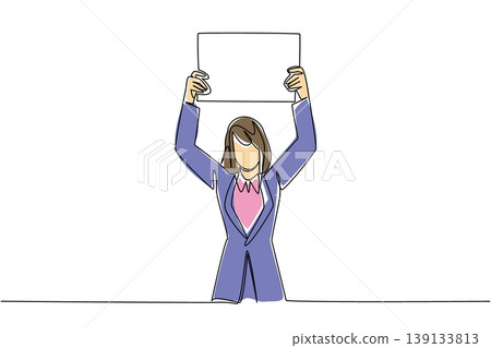 Single line drawing of businesswoman raising blank board high for activism concept. Use this for protest march flyer, fan support sign, sports cheering, and political campaign material layout Single line drawing of businesswoman raising blank board high for activism concept. Use this for protest march flyer, fan support sign, sports cheering, and political campaign material layout 139133813