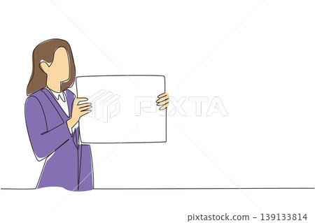 One line drawing of businesswoman standing sideways with blank board for direction concept. This vector suits navigation guide, flowchart step, timeline marker, and infographic sidebar illustration One line drawing of businesswoman standing sideways with blank board for direction concept. This vector suits navigation guide, flowchart step, timeline marker, and infographic sidebar illustration 139133814