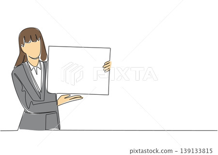 Continuous line drawing of businesswoman showing blank text box board for template concept. It is ideal for quote background, social media frame, teacher aid, and visual explanatory diagram graphic Continuous line drawing of businesswoman showing blank text box board for template concept. It is ideal for quote background, social media frame, teacher aid, and visual explanatory diagram graphic 139133815