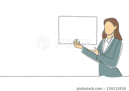 One line drawing of businesswoman pointing at blank board for an instruction concept. This colored design is ideal for tutorial video thumbnails, teacher guidebooks, and educational website templates 139133816