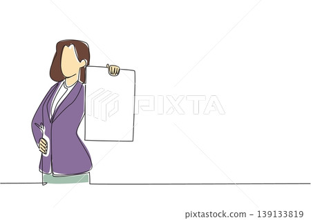 One line drawing of businesswoman holding blank vertical sign for campaign concept. Colorful illustration is an excellent choice for election posters, awareness flyers, and brand promotion standees 139133819