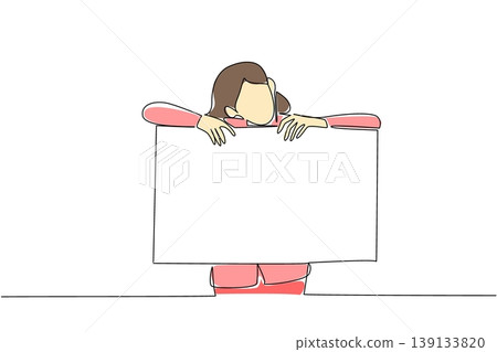 Single line drawing of businesswoman leaning on blank square board for an information concept. Design is perfectly tailored for help desk graphic, customer service banner, and FAQ section background Single line drawing of businesswoman leaning on blank square board for an information concept. Design is perfectly tailored for help desk graphic, customer service banner, and FAQ section background 139133820