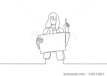 Continuous line draw of young businesswoman holding blank board while pointing her hand for business concept. Ideal for announcement, presentation slide, marketing material, and office wall decor art 139133821
