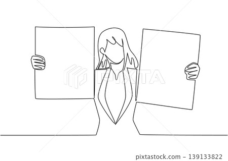 Continuous line drawing of businesswoman with two blank square boards for choice concept. Suitable for voting ballot, pros and cons list, alternative option presentation, and comparison chart arts 139133822