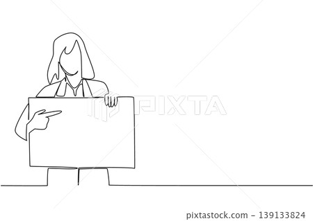 Single line drawing of young woman manager pointing at blank board for business presentation concept. Suitable for marketing strategy, educational diagram, promotional banner, and advertisement poster 139133824