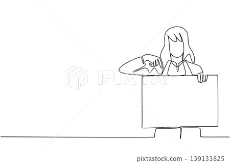 One line drawing of young businesswoman pointing down blank board for business presentation concept. Great for business report, product showcase, corporate event flyer, and workshop material design One line drawing of young businesswoman pointing down blank board for business presentation concept. Great for business report, product showcase, corporate event flyer, and workshop material design 139133825