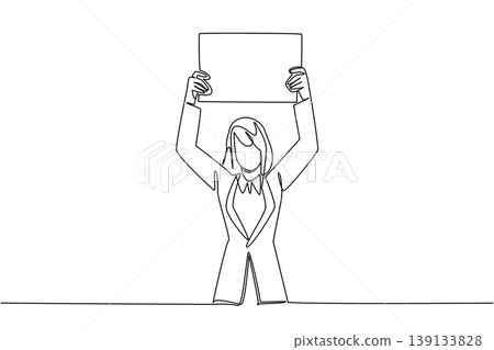 One line drawing of businesswoman lifting blank board above head for celebration concept. Ideal for winner announcement, strike action, achievement milestone, and protester placard illustration 139133828