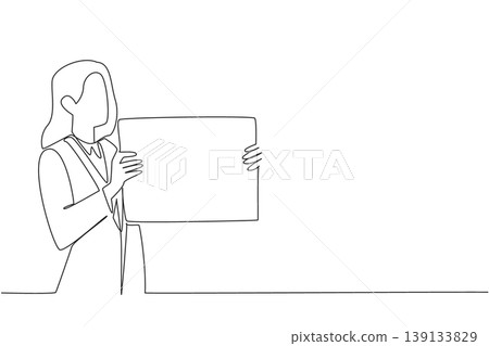Continuous line drawing of businesswoman holding blank board in side view for profile concept. Design fits employee introduction, testimonial quote, speech bubble, and marketing sidebar graphic 139133829