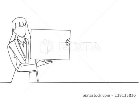 Single line drawing of businesswoman presenting large blank square board for exhibition concept. Perfect for product launch, info board, trade show stand, and educational chart placeholder design Single line drawing of businesswoman presenting large blank square board for exhibition concept. Perfect for product launch, info board, trade show stand, and educational chart placeholder design 139133830
