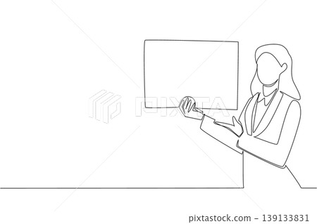 Single line drawing of businesswoman presenting blank board for business presentation concept. This minimal illustration is perfect for corporate slide decks, workshop materials, and office prints Single line drawing of businesswoman presenting blank board for business presentation concept. This minimal illustration is perfect for corporate slide decks, workshop materials, and office prints 139133831