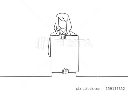 Continuous line drawing of businesswoman holding square blank board for recruitment concept. Artwork is suitable for job fair posters, hiring announcements, social media posts, and career templates 139133832