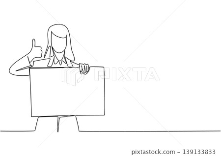 One line drawing of businesswoman giving thumbs up with blank board for an approval concept. Graphic perfectly fits customer feedback forms, success slide templates, and positive review layout design 139133833