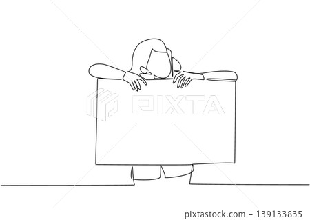Continuous line drawing of businesswoman resting on large blank board for waiting concept. It is great for website under construction pages, coming soon announcements, and casual workplace posters 139133835